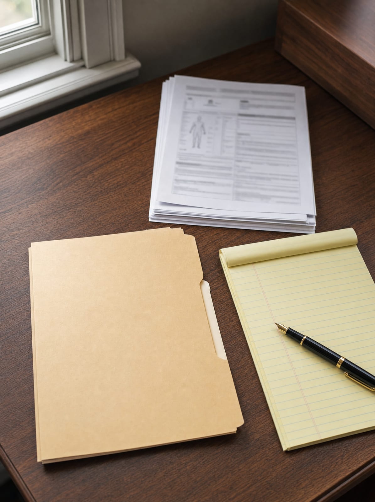 A personal-injury claim file with a folder of medical records, a legal pad, and a fountain pen on a warm wood desk, representing a personal-injury claim suited for mediation