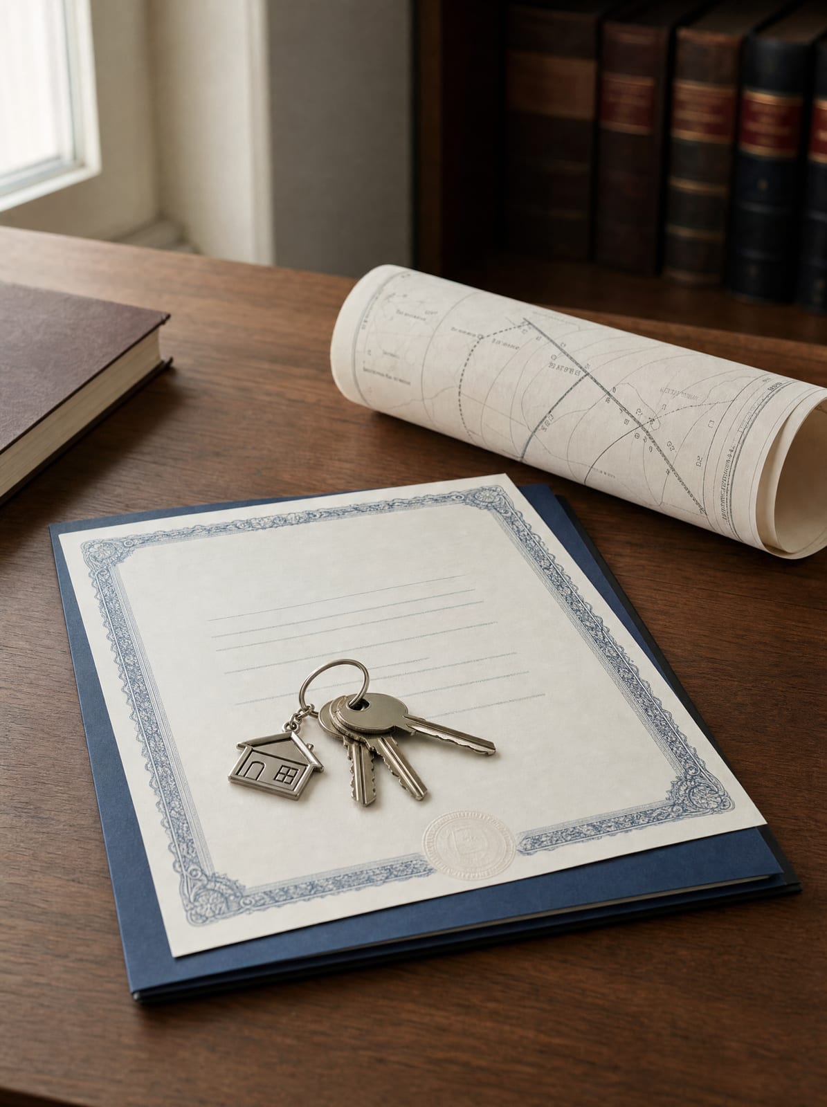 A formal property deed, a rolled land survey map, and a set of house keys on a warm wood desk, representing a real-estate disagreement suited for mediation