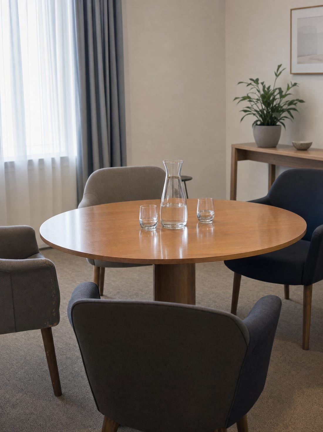 A calm, private meeting room with a round table, upholstered chairs, and a water carafe by a curtained window