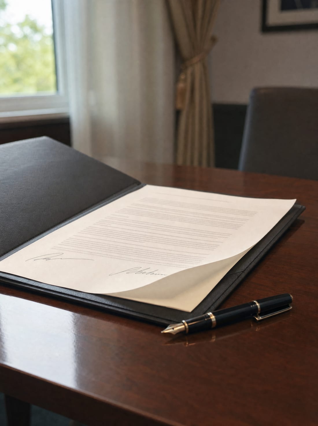 A signed agreement folder and a fountain pen resting on a wood table in a calm office