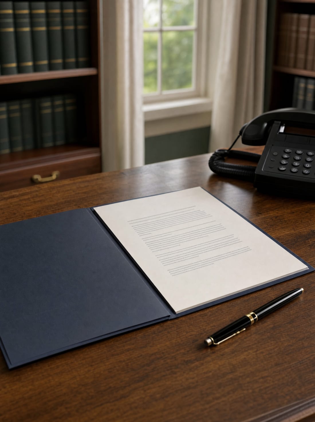 A desk with a formal demand letter in an open folder, a fountain pen, and a desk telephone, for demand and negotiation