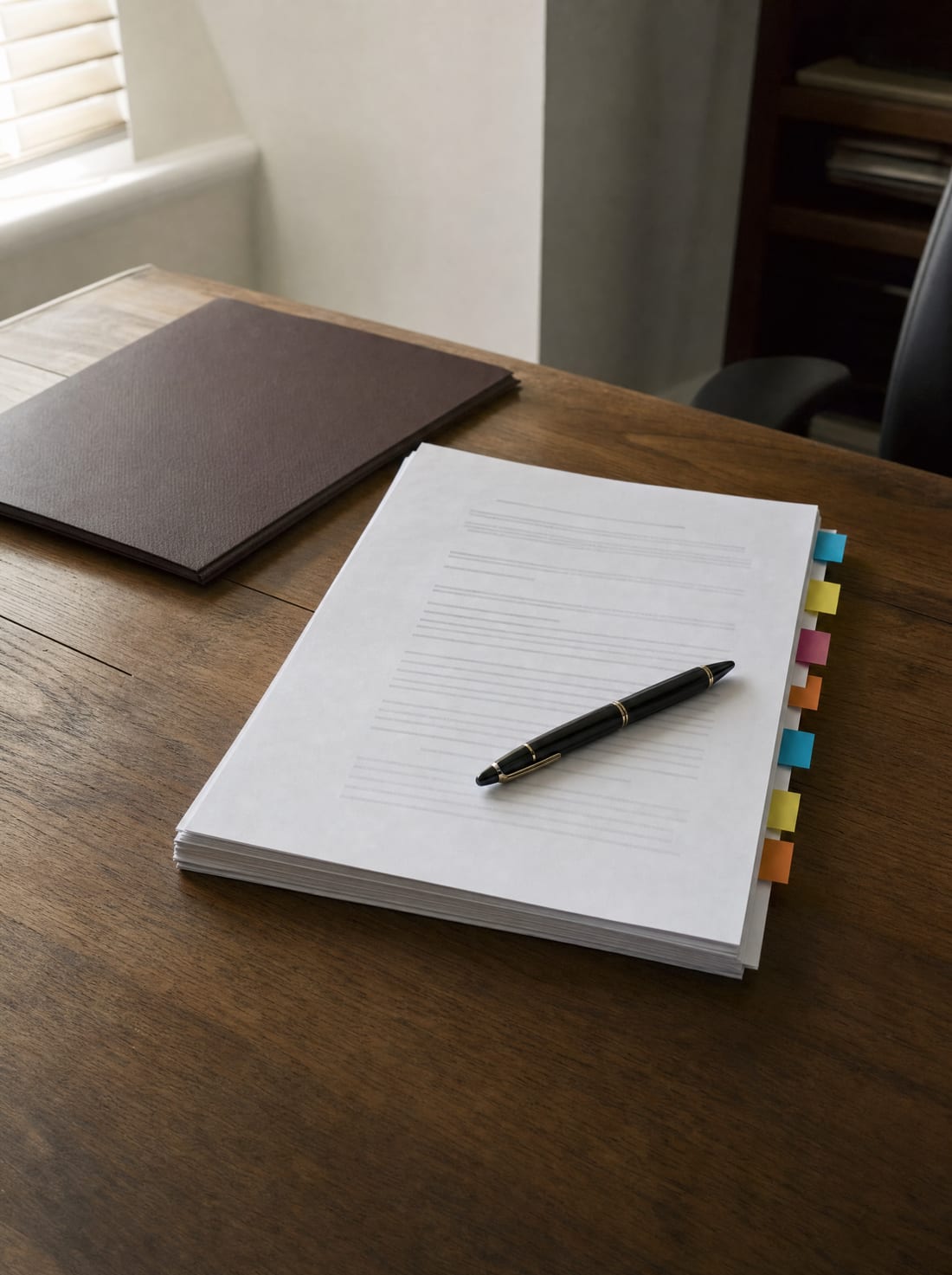 A civil lawsuit petition with colored tab flags and a fountain pen on a desk, representing filing suit