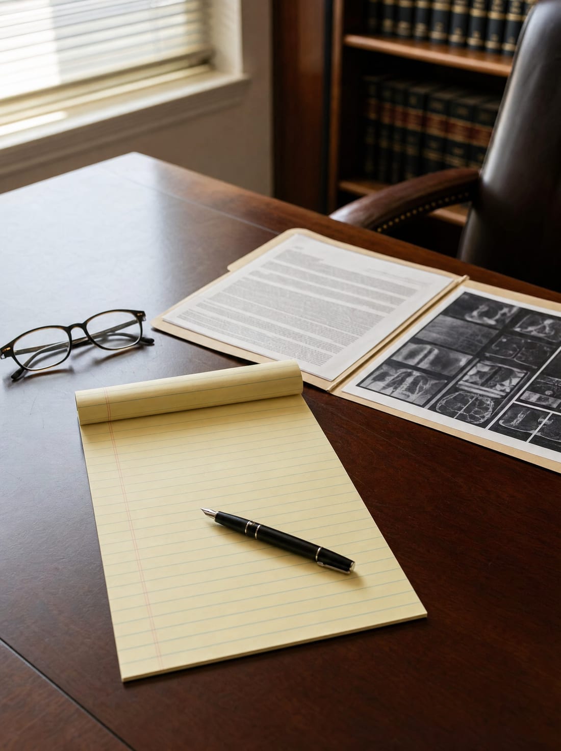 A law-office desk during an injury case intake: a legal pad, an open folder of medical records and an accident report, reading glasses, and a pen