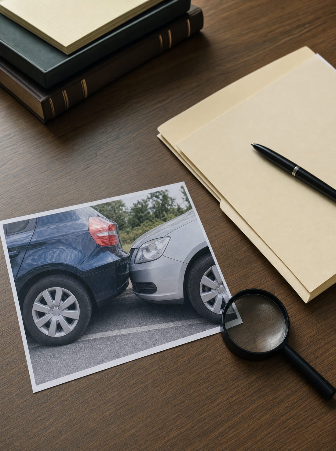 A desk with a printed photo of a minor road collision, an incident report folder, a magnifying glass, and a pen, for investigation