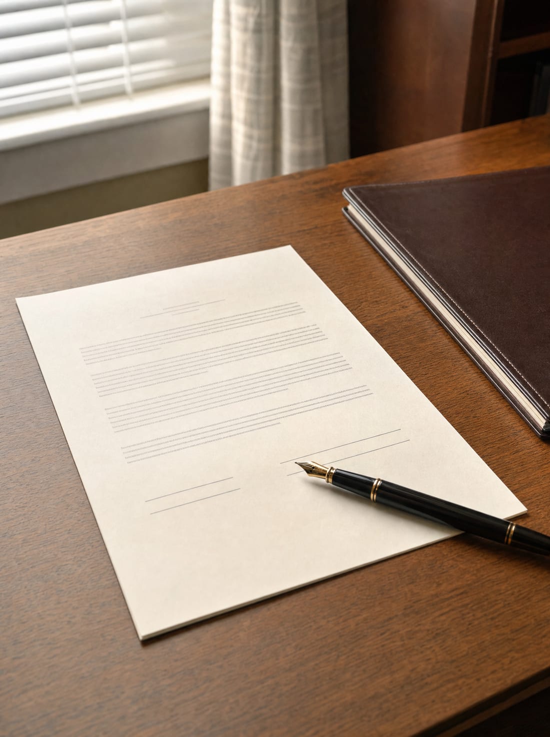 A settlement agreement on a desk with a fountain pen resting on the signature area and a folder, representing resolution and recovery