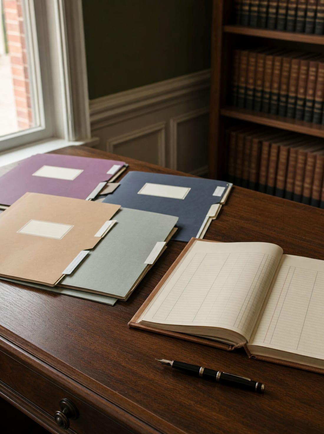 Organized labeled folders and an open ledger book on a desk with a fountain pen, for managing and distributing estate assets