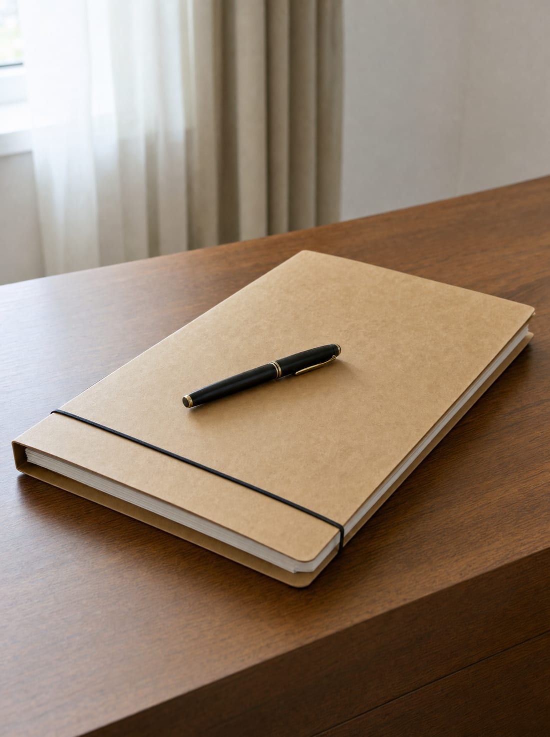 A closed estate file folder bound with an elastic band and a fountain pen on a tidy desk, representing closing the estate