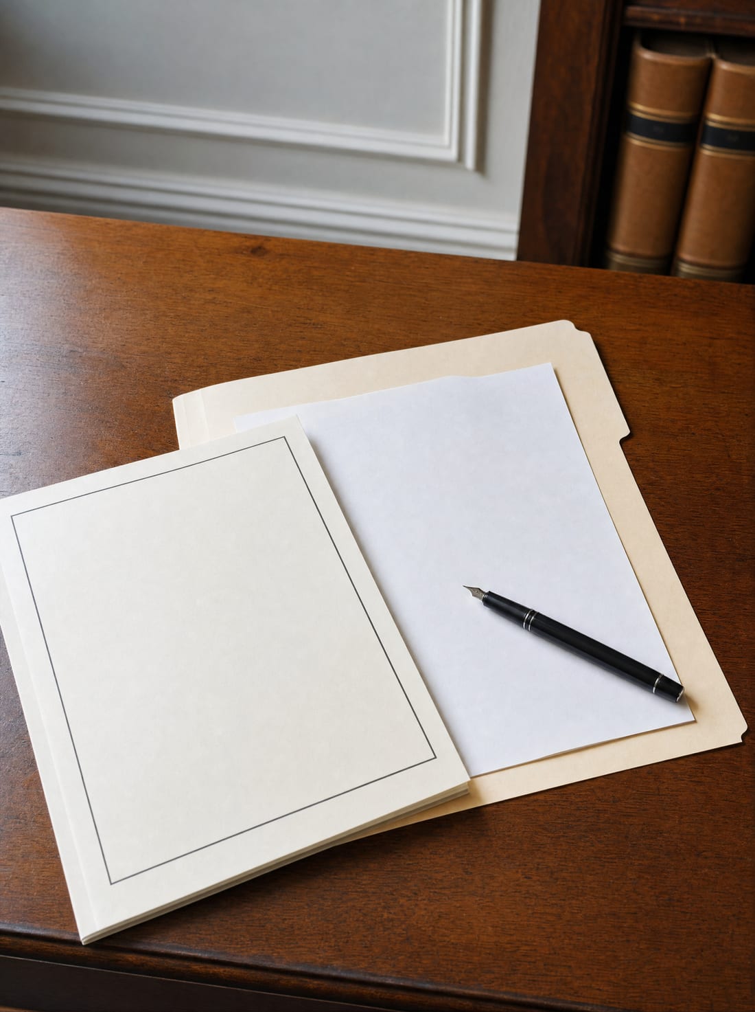 A probate application packet with an original will and a folder on a wood desk, ready to open an estate, with a fountain pen