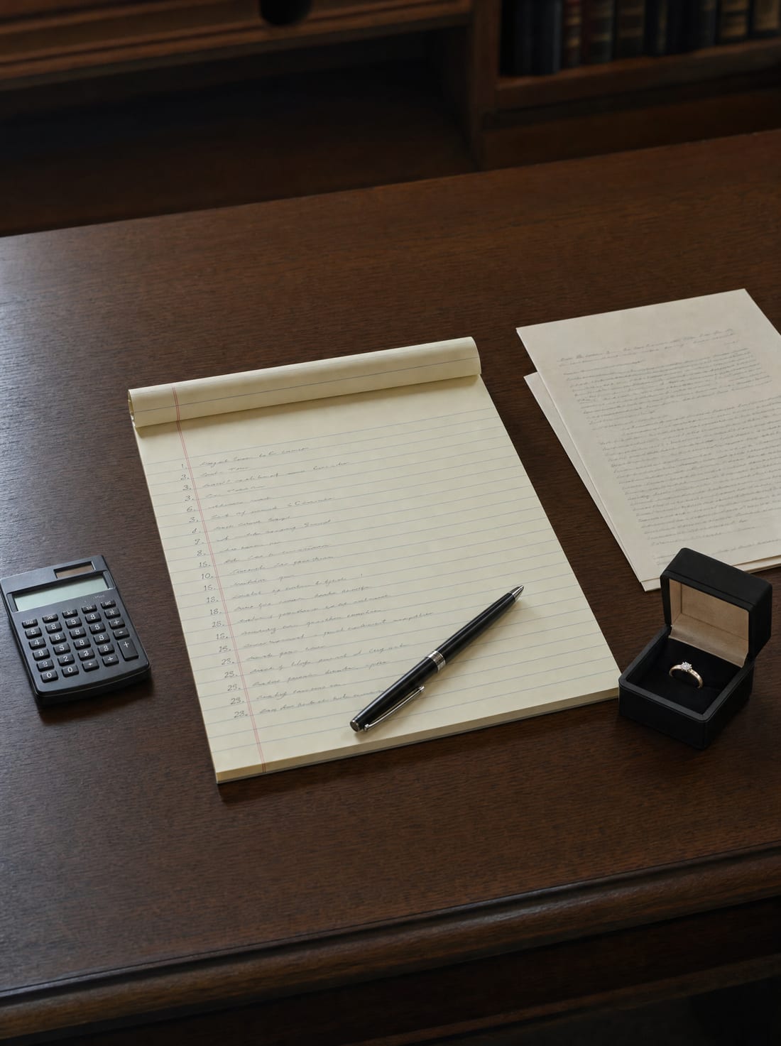 A desk with an inventory list on a legal pad, a calculator, a property deed, and a jewelry box, for inventorying and appraising estate assets