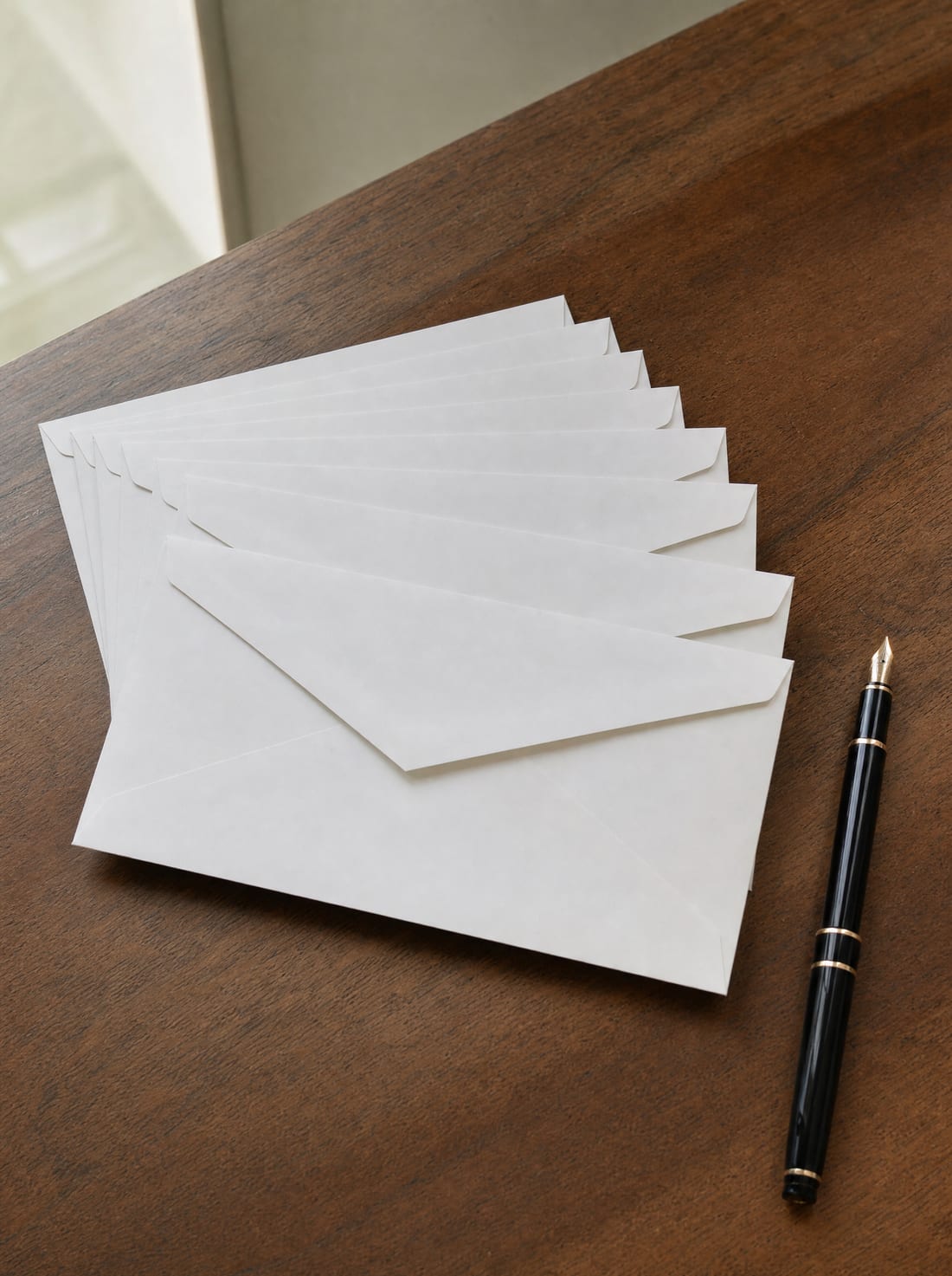 A fanned stack of sealed formal notice envelopes on a desk with a fountain pen, for notifying creditors of the estate