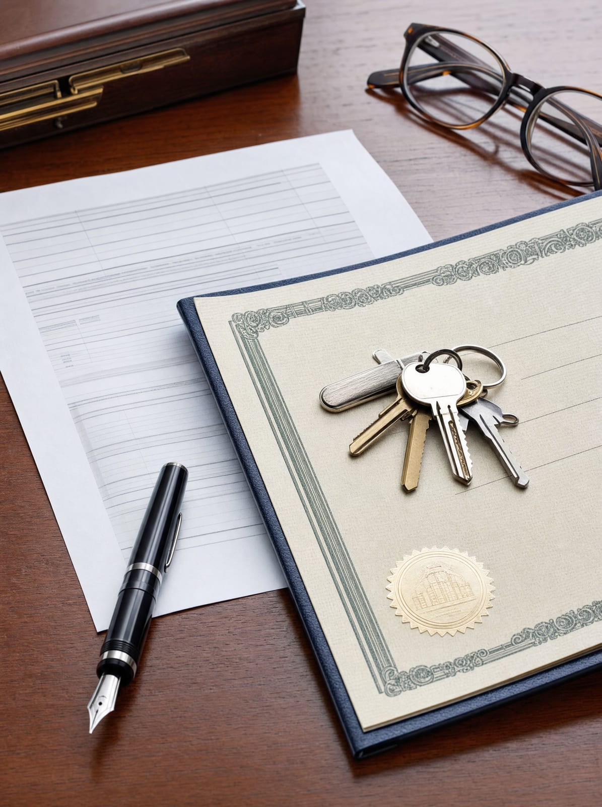 A closing table with a settlement statement and a formal property deed, a set of house keys, a fountain pen, and reading glasses
