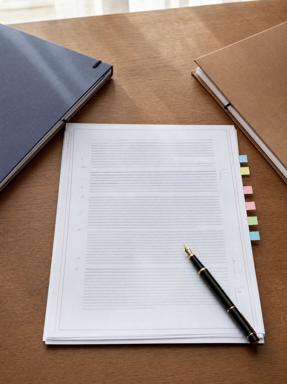 A real-estate contract with colored tab flags and margin marks, a fountain pen on the page, and two folders set opposite each other, for negotiating and amending terms