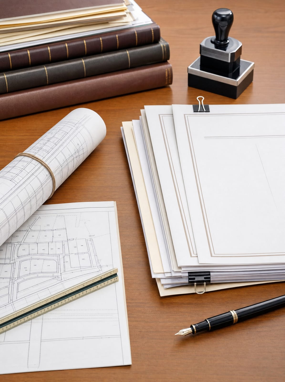 A title-examination desk with recorded property records and a title report, a rolled plat survey map, a recording stamp, and a fountain pen