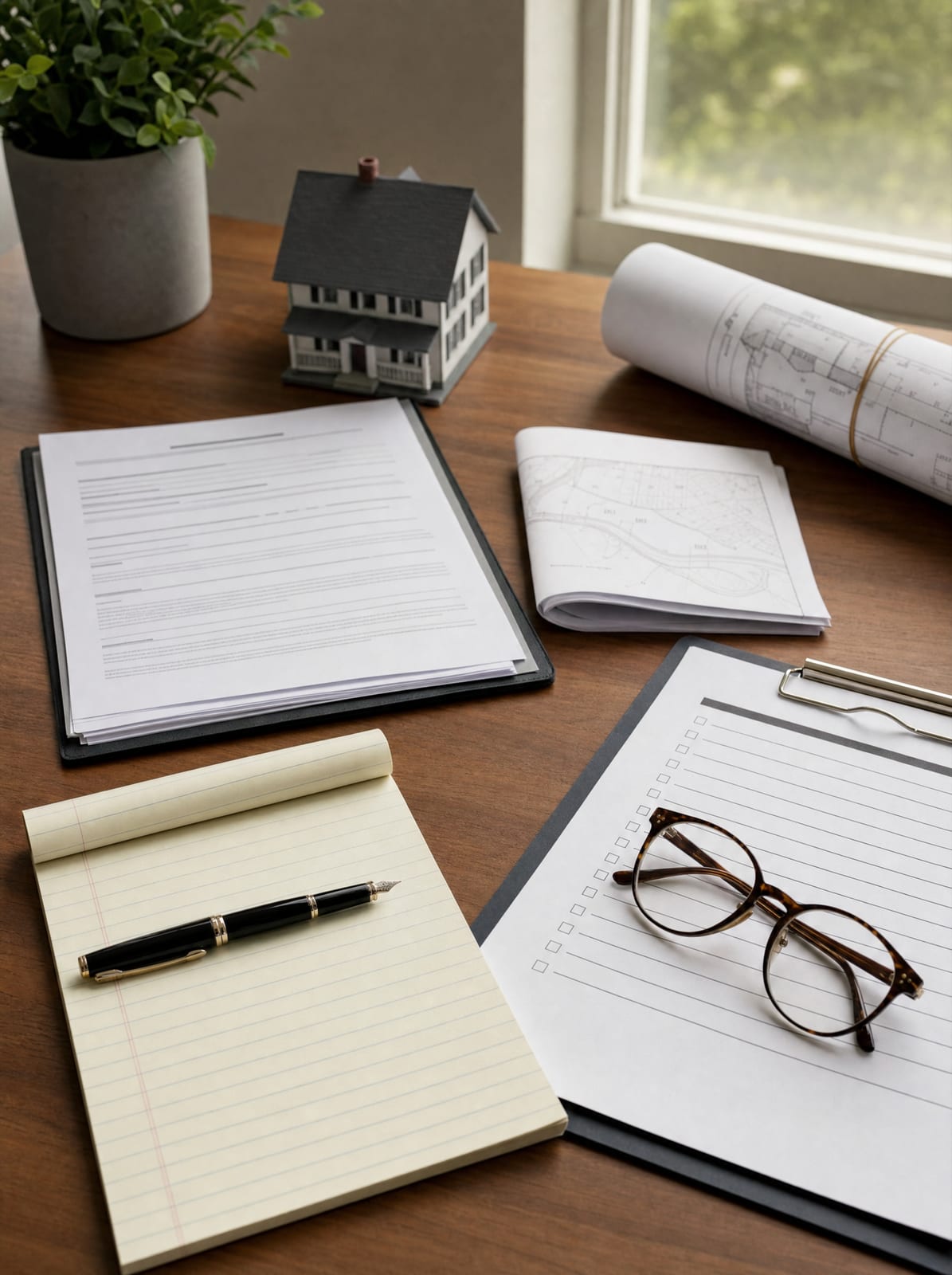 A warm wood desk set for a first real-estate consultation with a purchase agreement, a title report, a rolled property survey, an inspection checklist, reading glasses, a legal pad, and a fountain pen