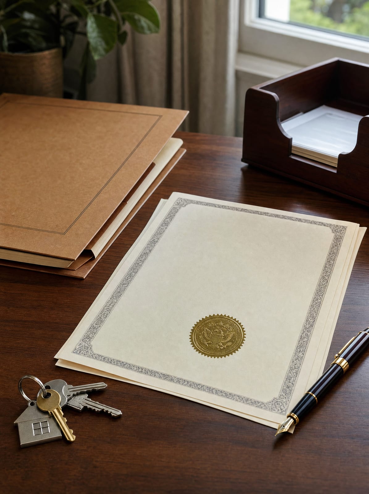 A recorded property deed with an embossed seal, a labeled folder, a set of house keys, and a fountain pen, for recording documents and post-closing follow-up