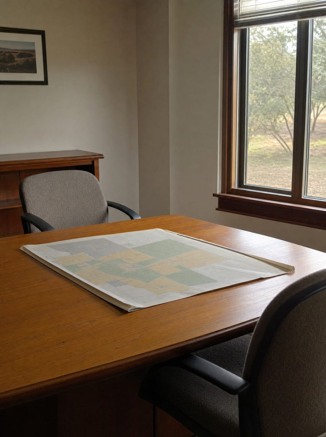 A small conference room with a table, two facing chairs, and a rolled property map, set for a negotiation