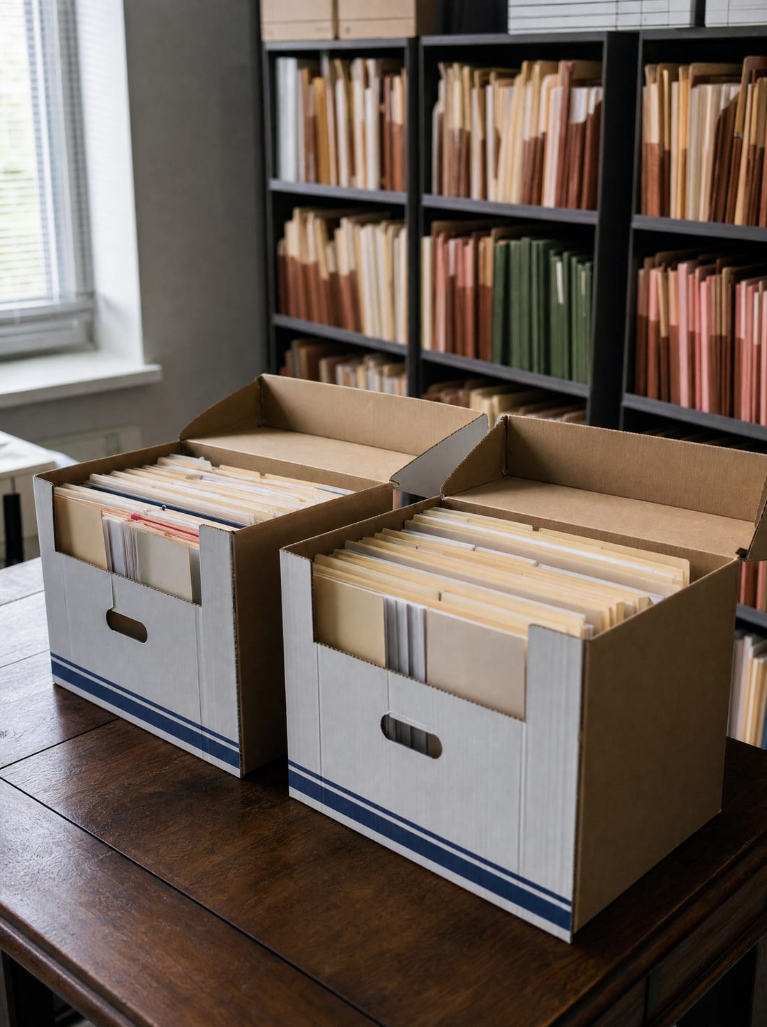 A records room with open banker's file boxes and shelves of labeled folders, for gathering evidence in discovery