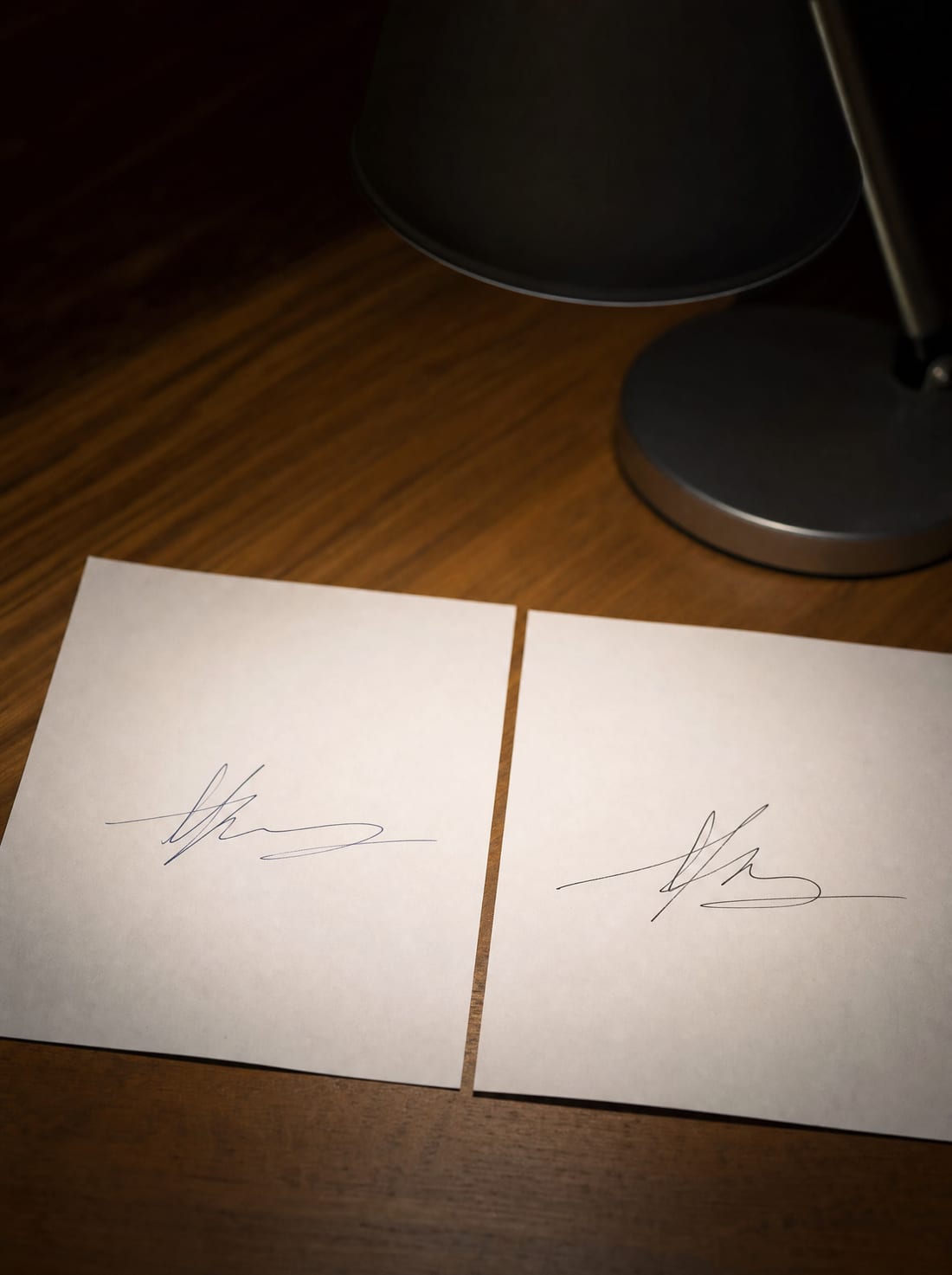 A close view of two handwriting signature samples side by side under a desk lamp, for expert handwriting comparison