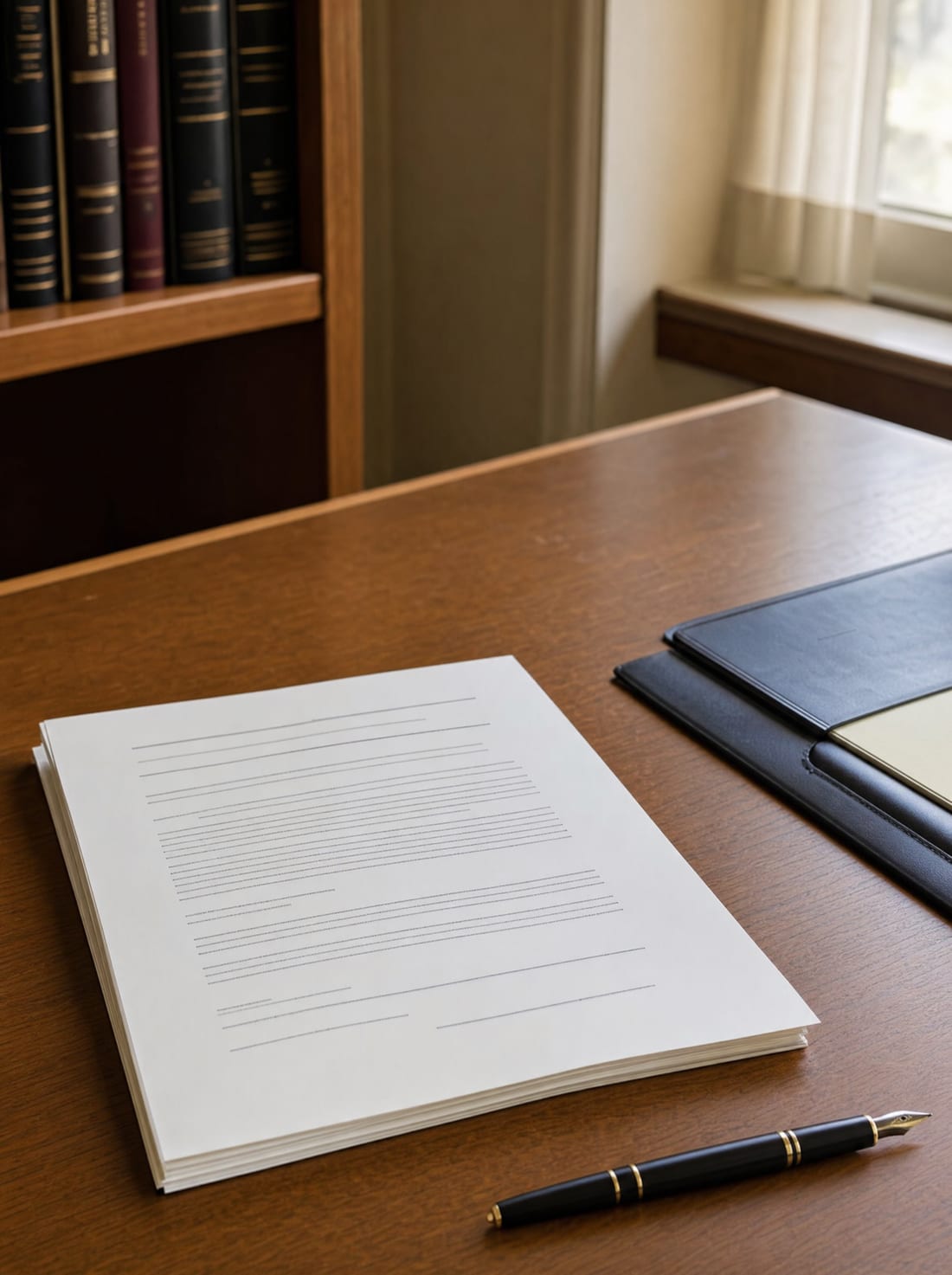 A formal will-contest petition on a desk with a fountain pen and a folder, for filing a contest