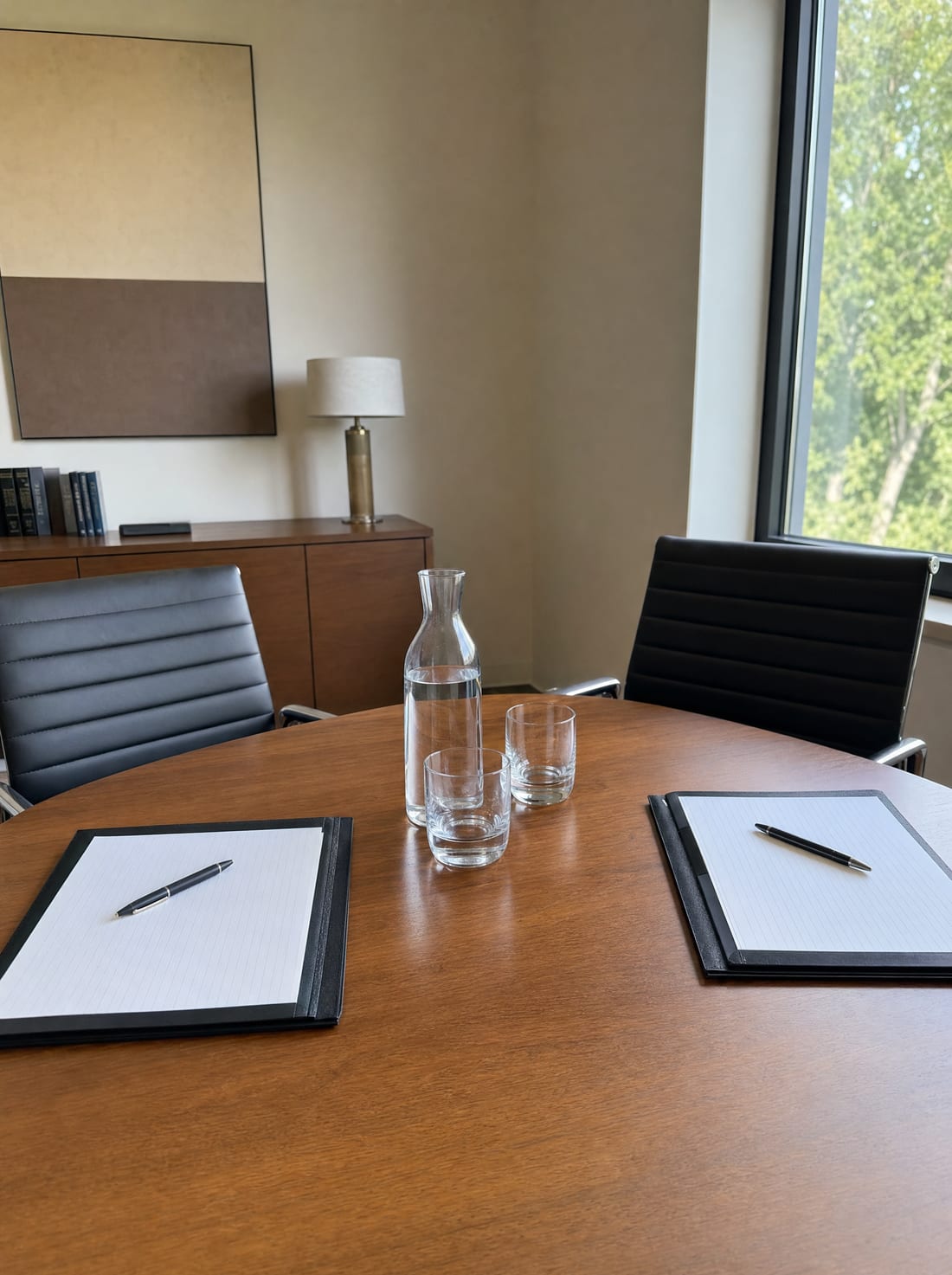 A calm conference table with facing notepads and a water carafe, set for a mediation or settlement discussion