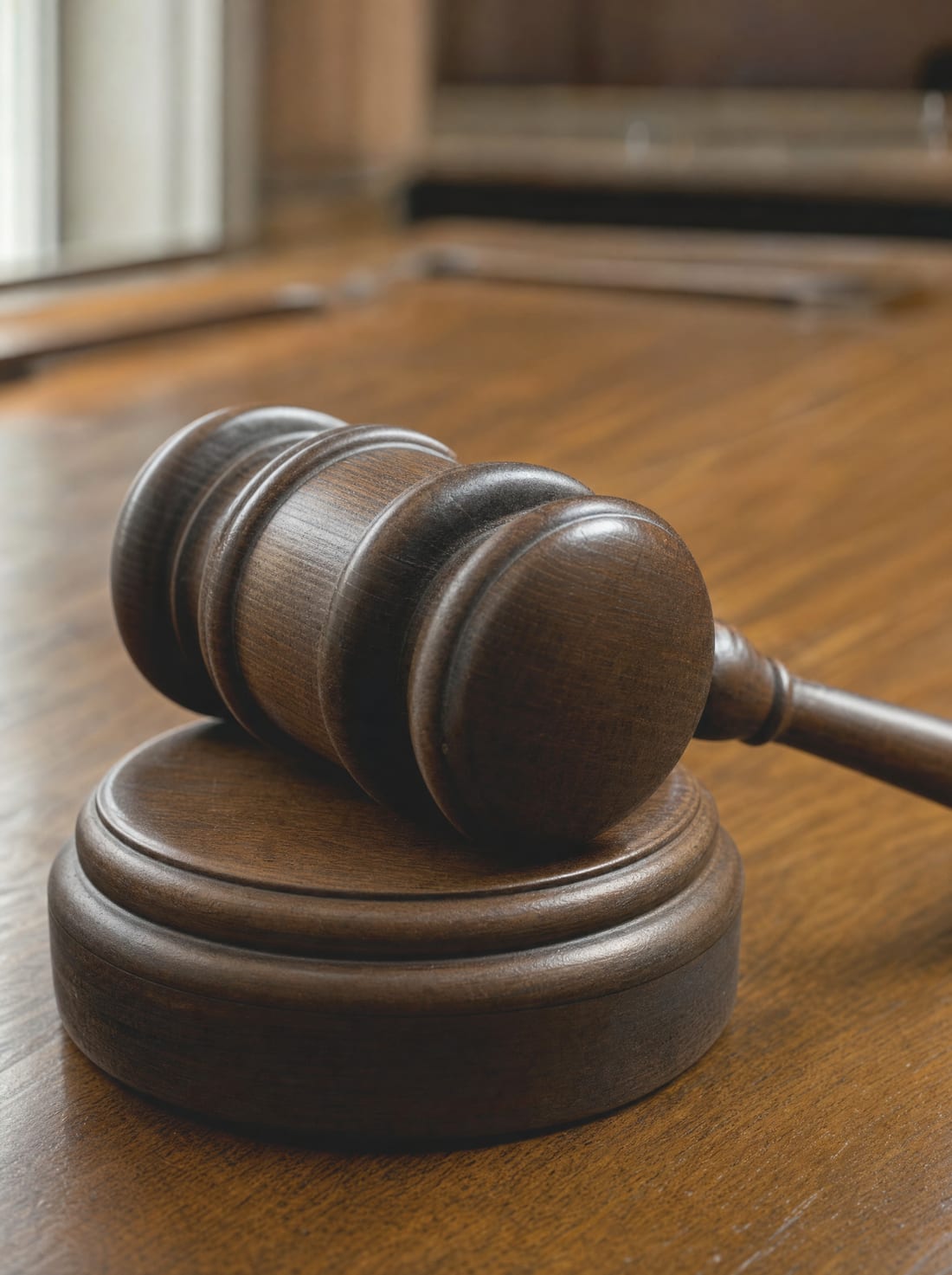 A close view of a wooden judge's gavel resting on its sound block on a polished bench, for trial