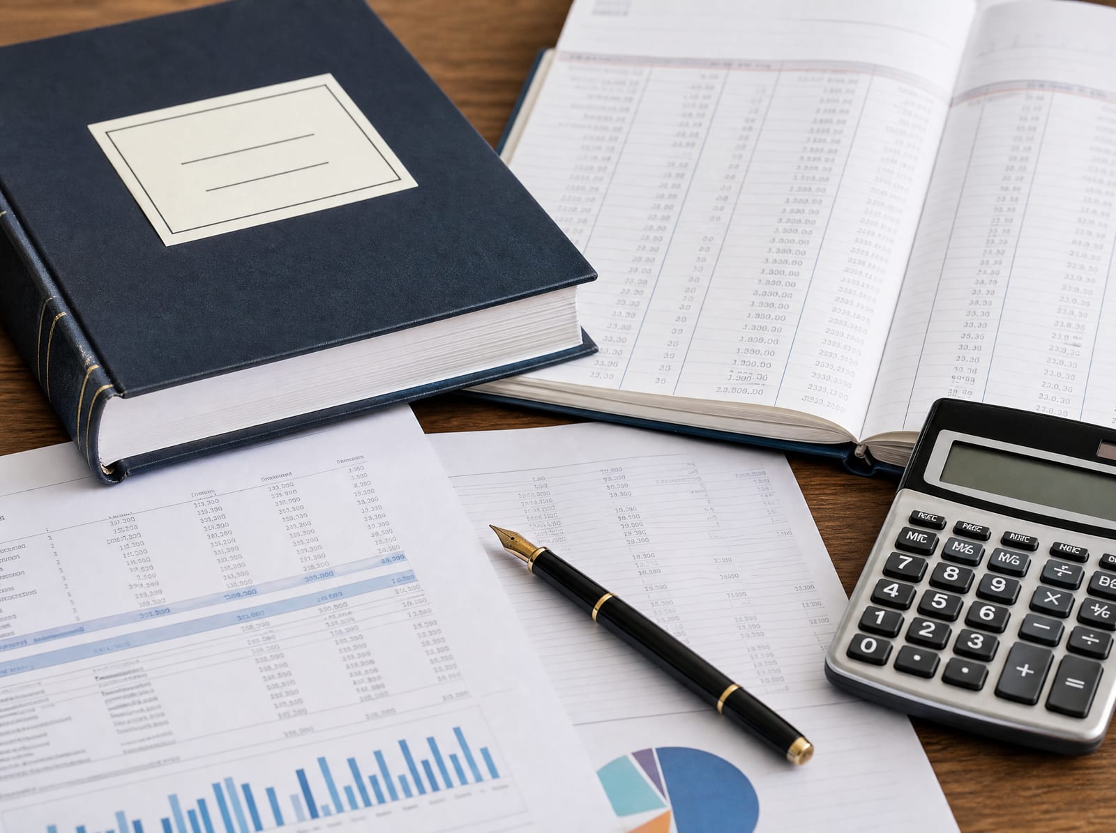 Open account ledgers and financial statements, a bound trust document, a calculator, and a fountain pen on a warm wood desk, an executor's accounting under review