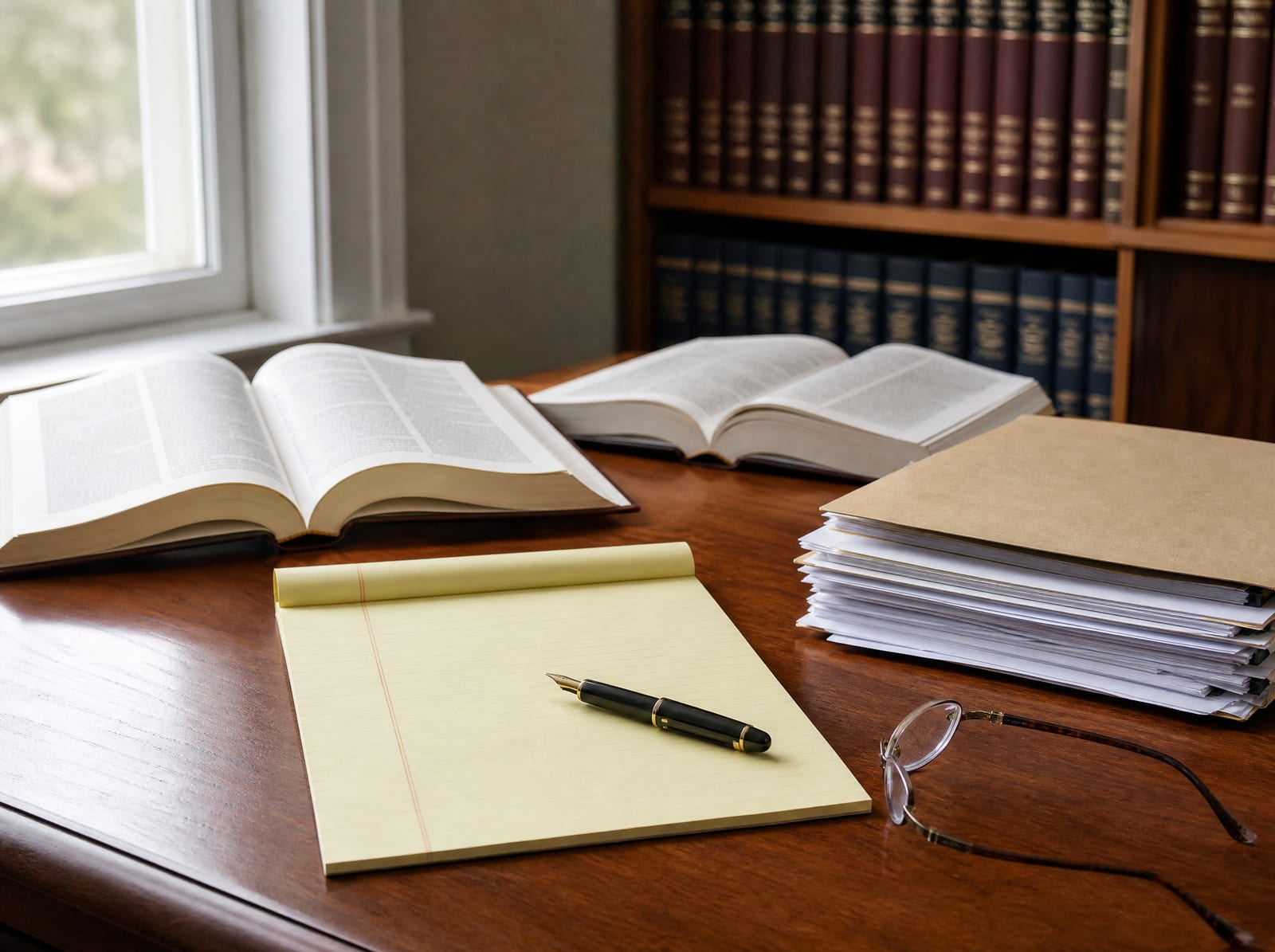 Open law books, a stack of legal briefs and a legal pad, a fountain pen, and reading glasses on a warm wood desk, prepared for legal briefing and argument