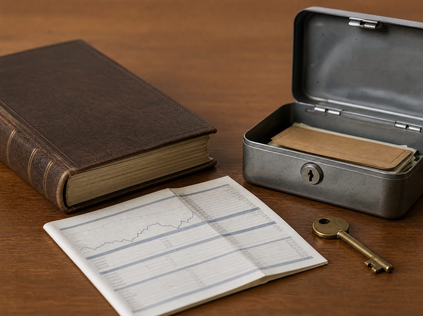 A bound ledger, a folded financial statement, a small metal lockbox with the lid ajar, and a brass key on a warm wood desk, suggesting misused or mismanaged estate assets