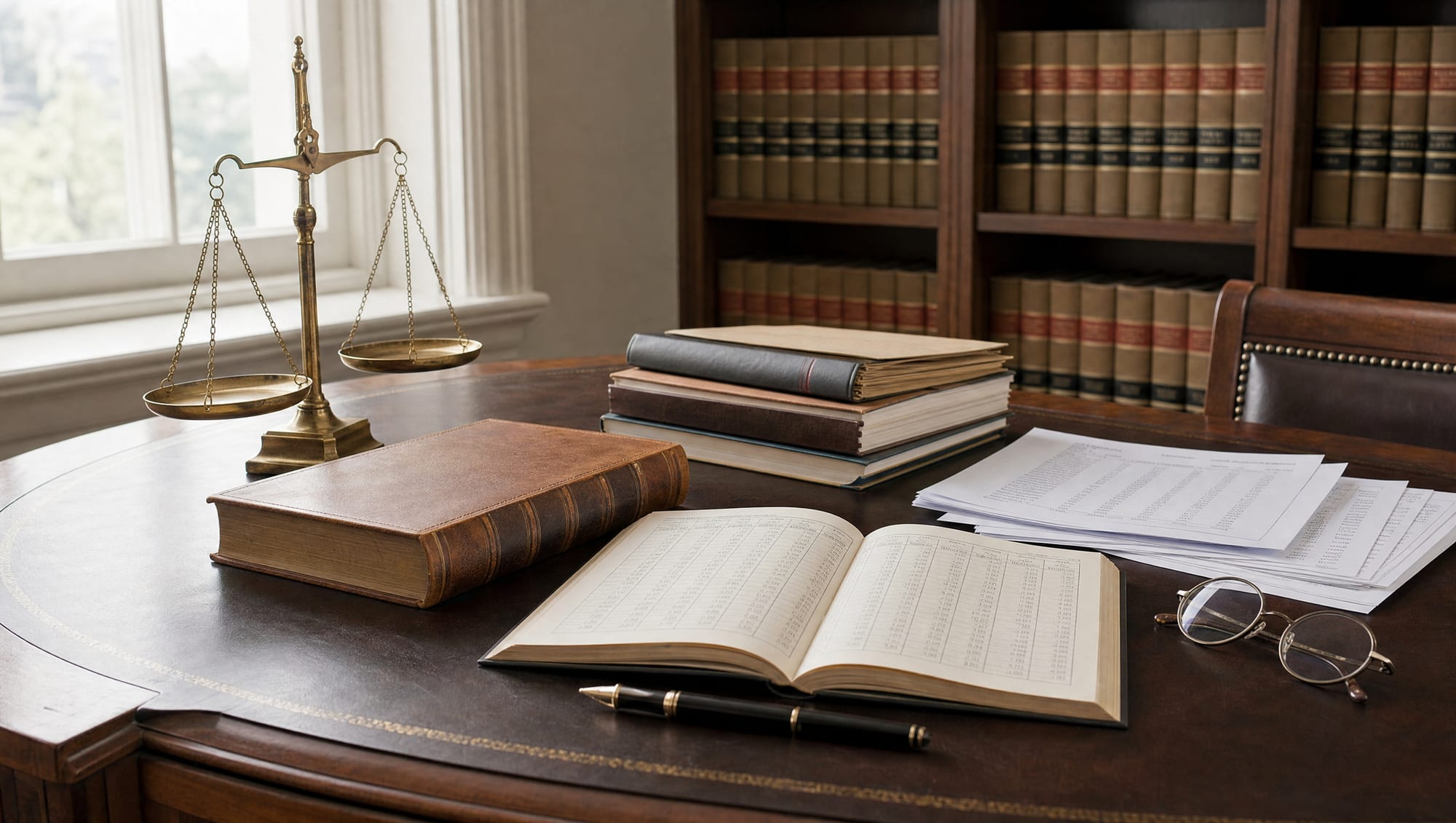 A dignified law-office desk arranged for a fiduciary accounting review, with a bound trust document and account ledgers, financial statements, a fountain pen, a brass balance scale, and reading glasses, before a wall of law books