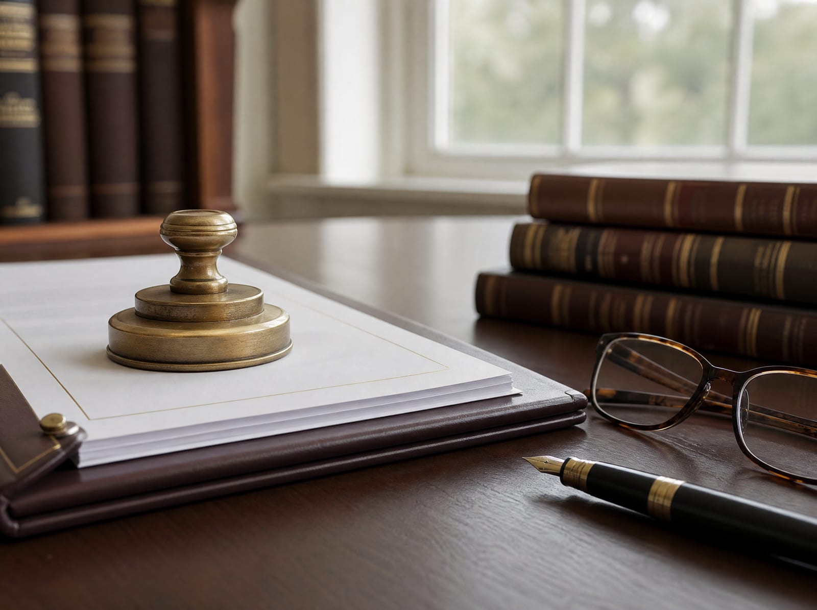A bound business contract, a brass corporate seal embosser, a fountain pen, and reading glasses on a professional dark-wood desk, representing experienced business legal guidance
