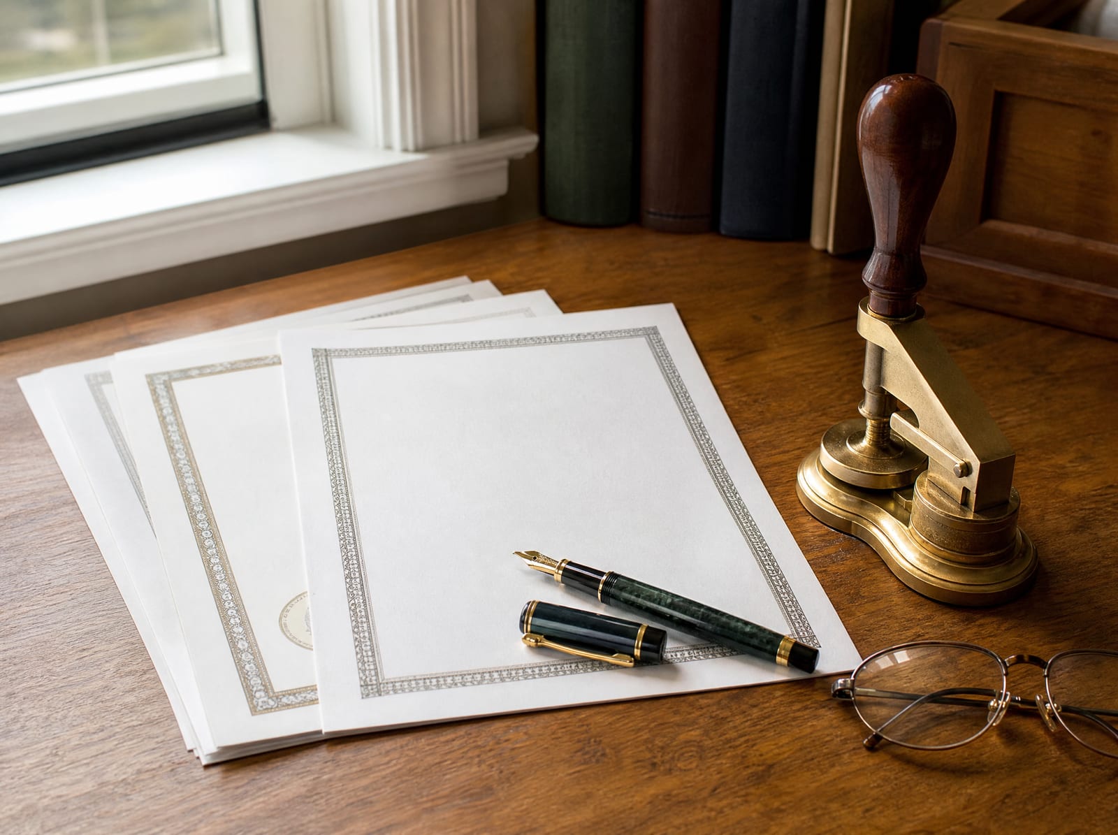 Business-formation documents such as articles of incorporation on a warm wood desk with a brass corporate seal embosser, a fountain pen, and reading glasses, at the start of a business journey