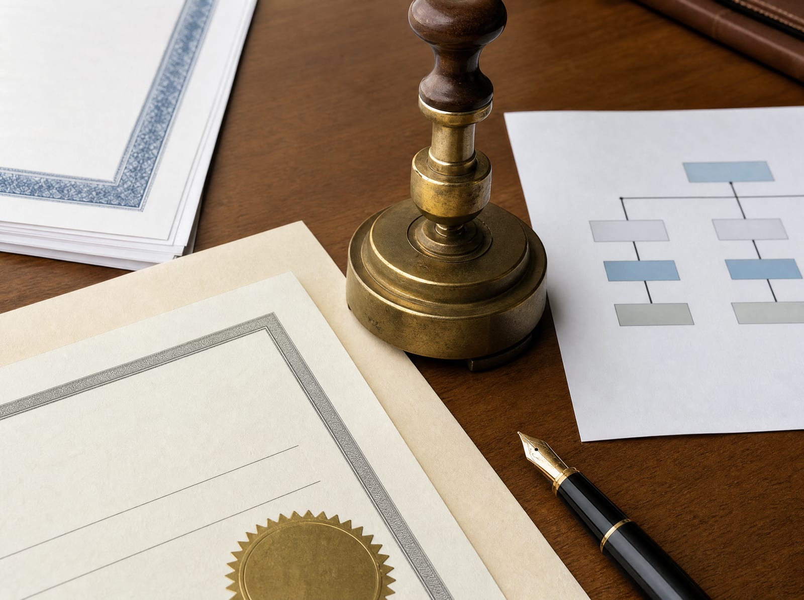 Formation documents and an organizational structure chart beside a brass corporate seal embosser and a fountain pen on a warm wood desk, representing entity formation and structure