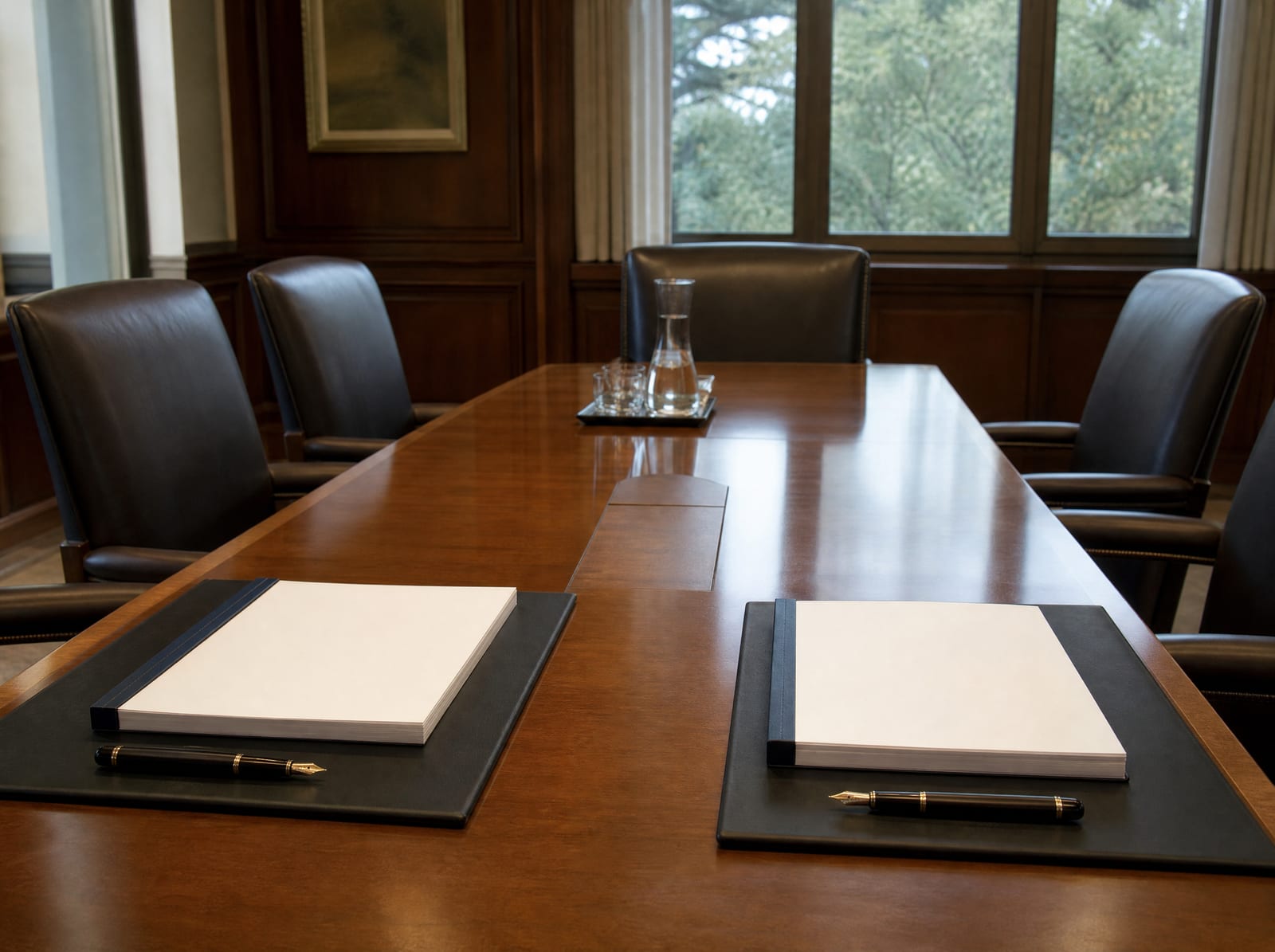 A professional boardroom set for signing operating and shareholder agreements, with a long polished wood table, upholstered leather chairs, two neat sets of bound documents, and two fountain pens