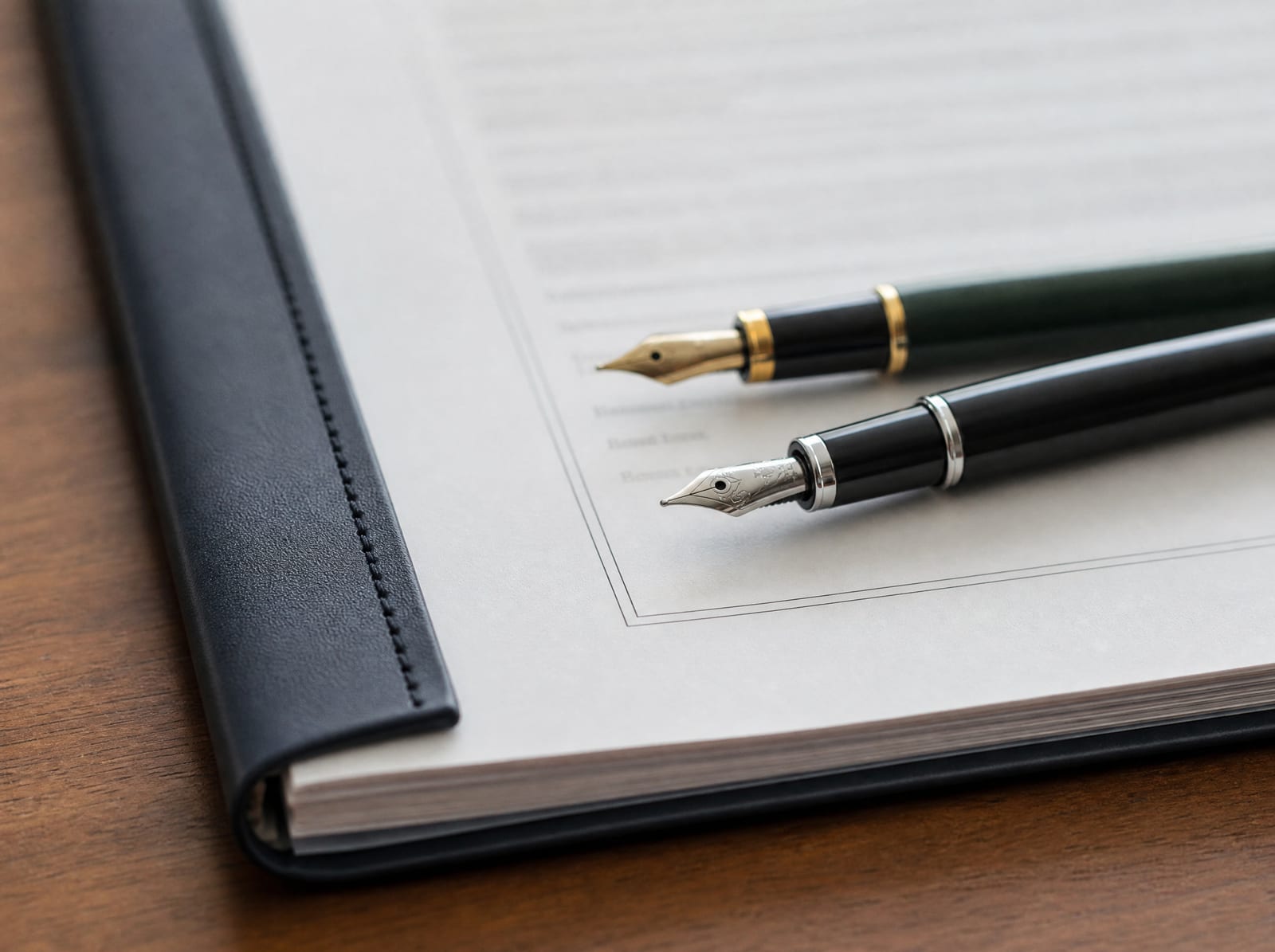 A close view of a bound operating or shareholder agreement on a wood desk with two fountain pens resting on the page, suggesting an agreement between partners