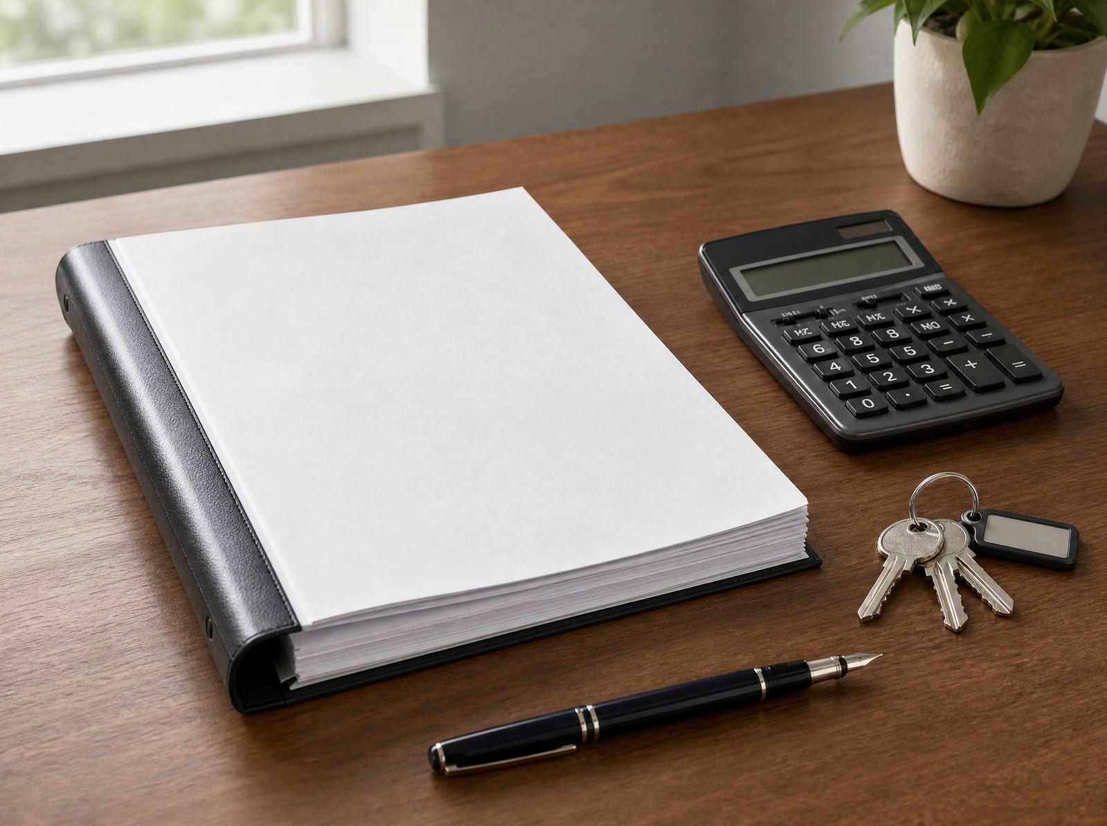 A bound purchase-and-sale agreement, a set of keys, a calculator, and a fountain pen on a warm wood desk, representing a business purchase or sale