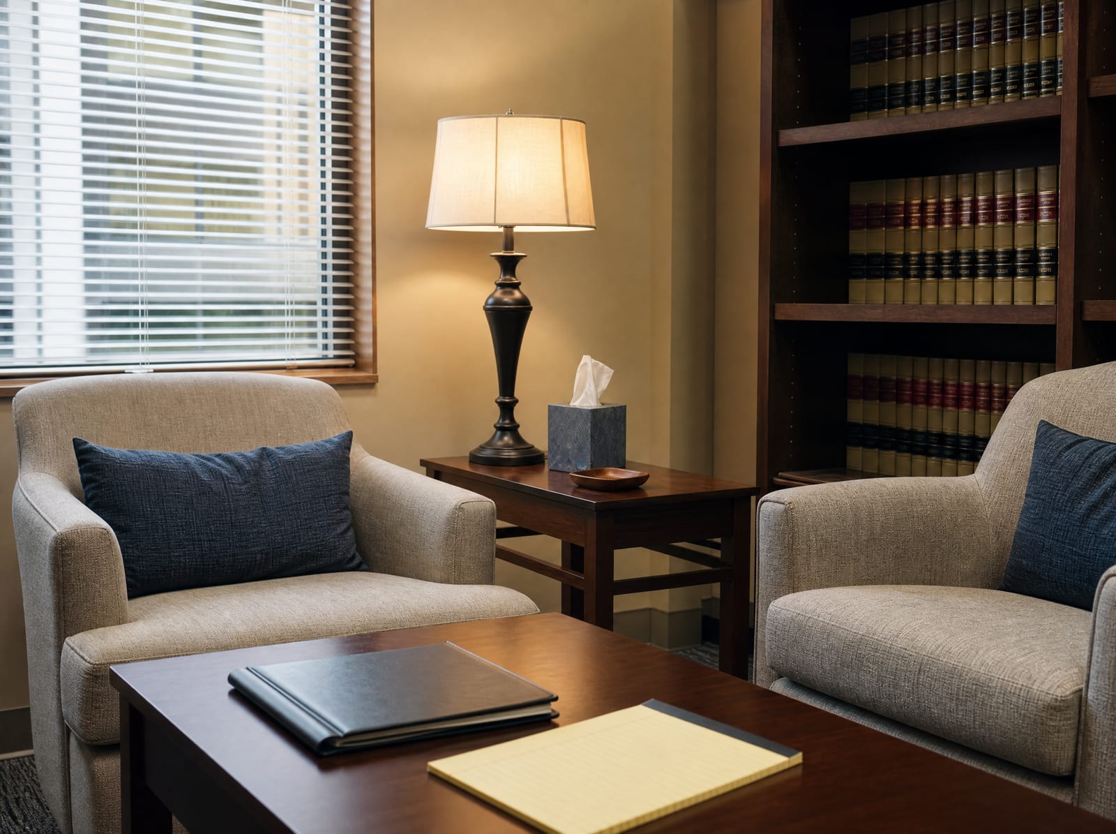 A quiet, private law-office meeting corner with two upholstered chairs, a small table holding a folder and a legal pad, a warm lamp, and a shelf of law books, a confidential and supportive setting