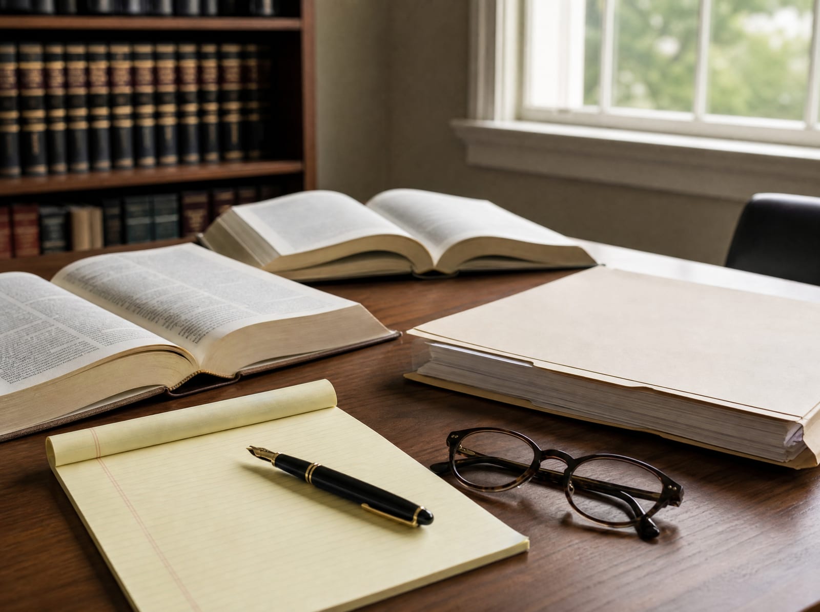 Open law books, a folder of documents, a legal pad, a fountain pen, and reading glasses on a warm wood desk, for understanding a survivor's legal rights