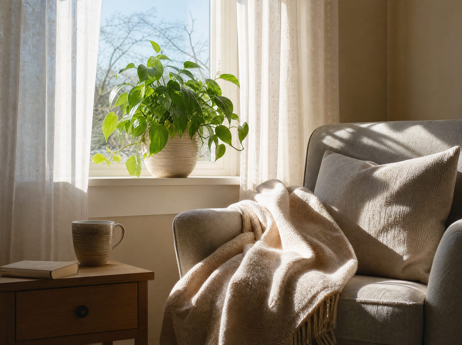 A peaceful, hopeful scene of quiet recovery, a bright window with sheer curtains, a healthy green potted plant on the sill, and a comfortable armchair with a soft blanket in a calm, sunlit room