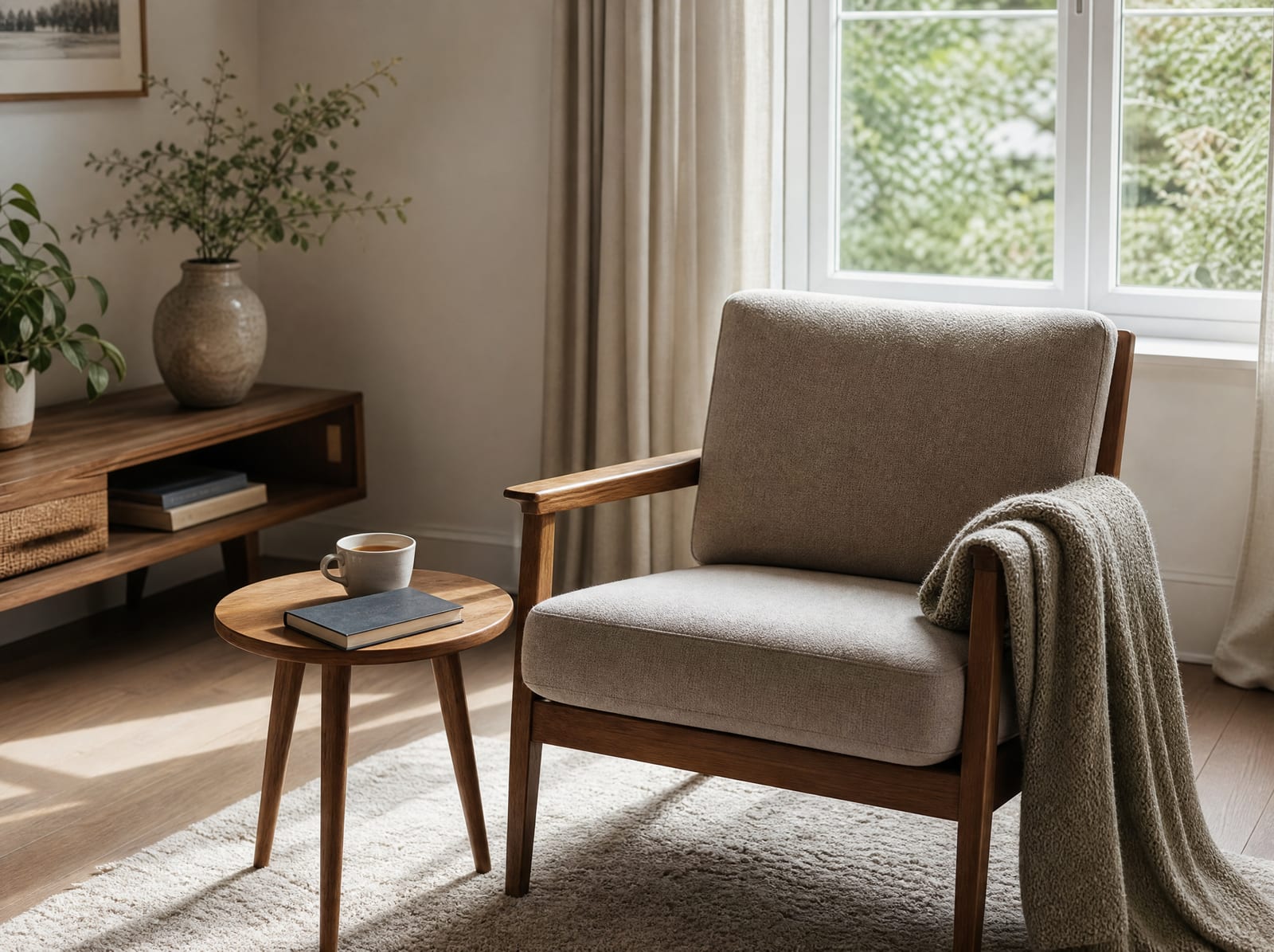 A calm, serene room with a comfortable reading chair, a small side table holding a cup of tea and a closed book, and gentle daylight, conveying peace, closure, and moving forward