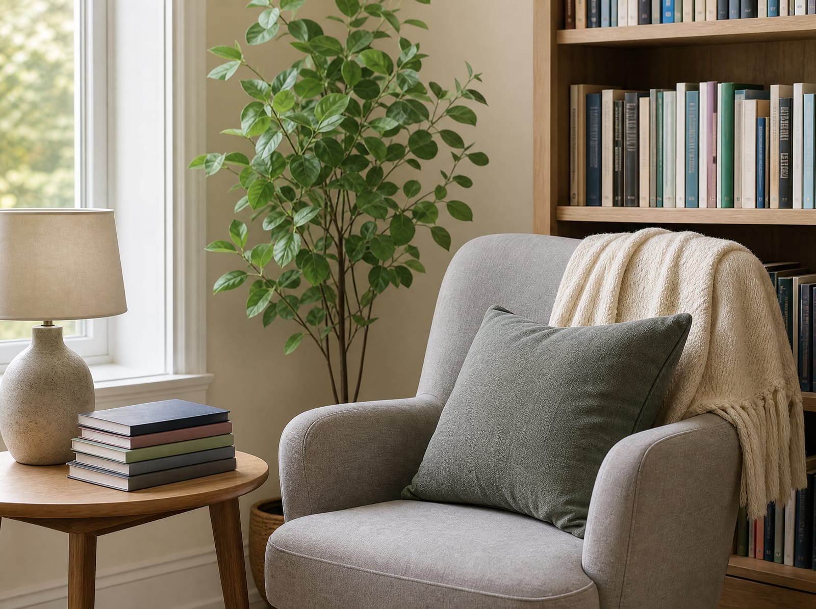 A warm, supportive reading and resource corner with a comfortable armchair, a small table holding a neat stack of closed booklets and a lamp, and a leafy plant, a calm place to find additional resources and support