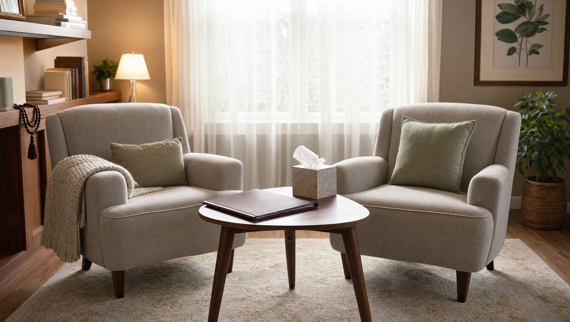 A calm, private consultation space with two comfortable upholstered armchairs by a small table, a soft area rug, and a leafy plant, with gentle light through sheer curtains, a safe and confidential place for a survivor to be heard