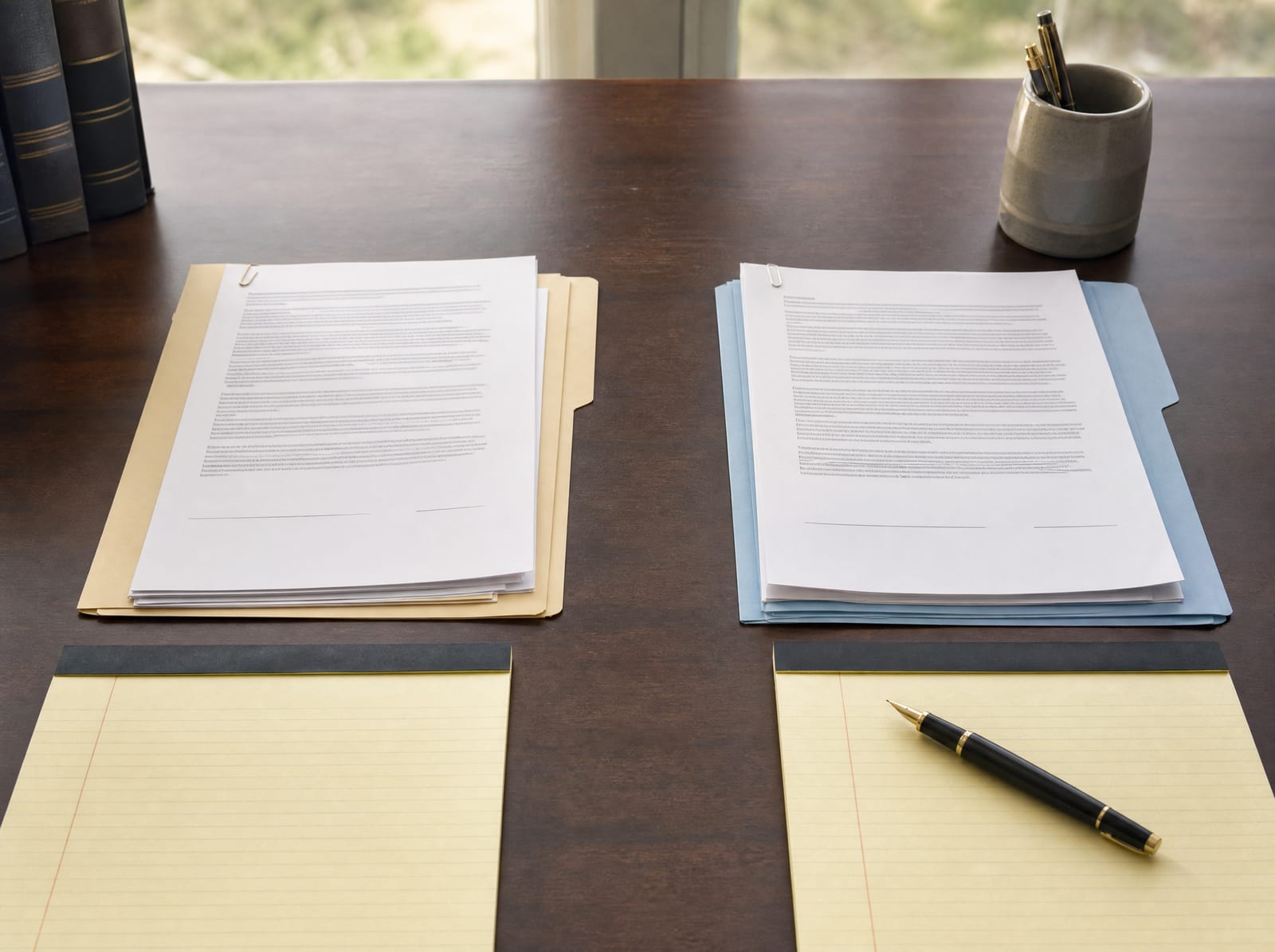 Two competing business contracts, a pair of legal pads, folders, and a fountain pen on a dark-wood desk, representing a contract dispute under review