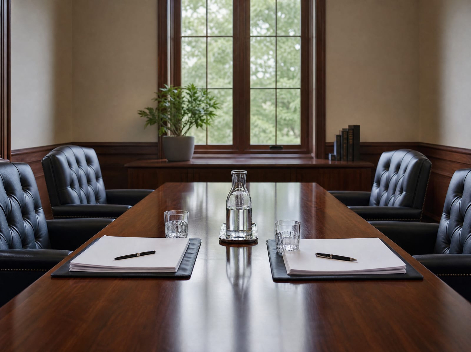 A professional conference room set for resolving a business dispute, with a long polished wood table, upholstered leather chairs, and two neat sets of documents facing each other