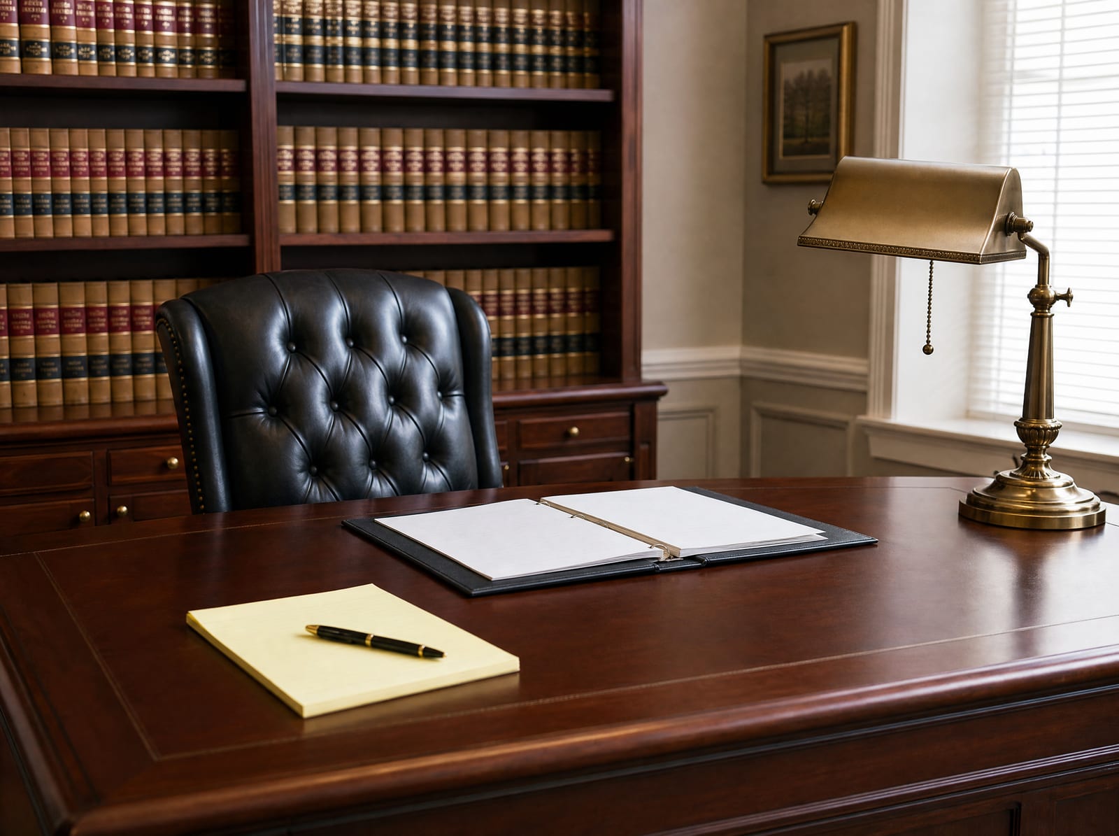 A dignified attorney's office with a dark-wood desk, a leather chair, an open document folder, a legal pad and fountain pen, a brass desk lamp, and a wall of bound law books