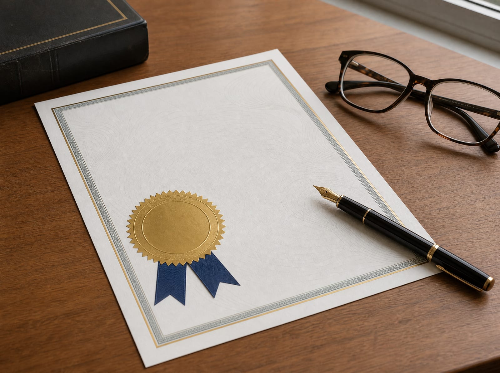 An official-looking intellectual-property registration certificate with an embossed gold seal and ribbon on a warm wood desk, with a fountain pen and reading glasses, protecting a business's brand and creative work