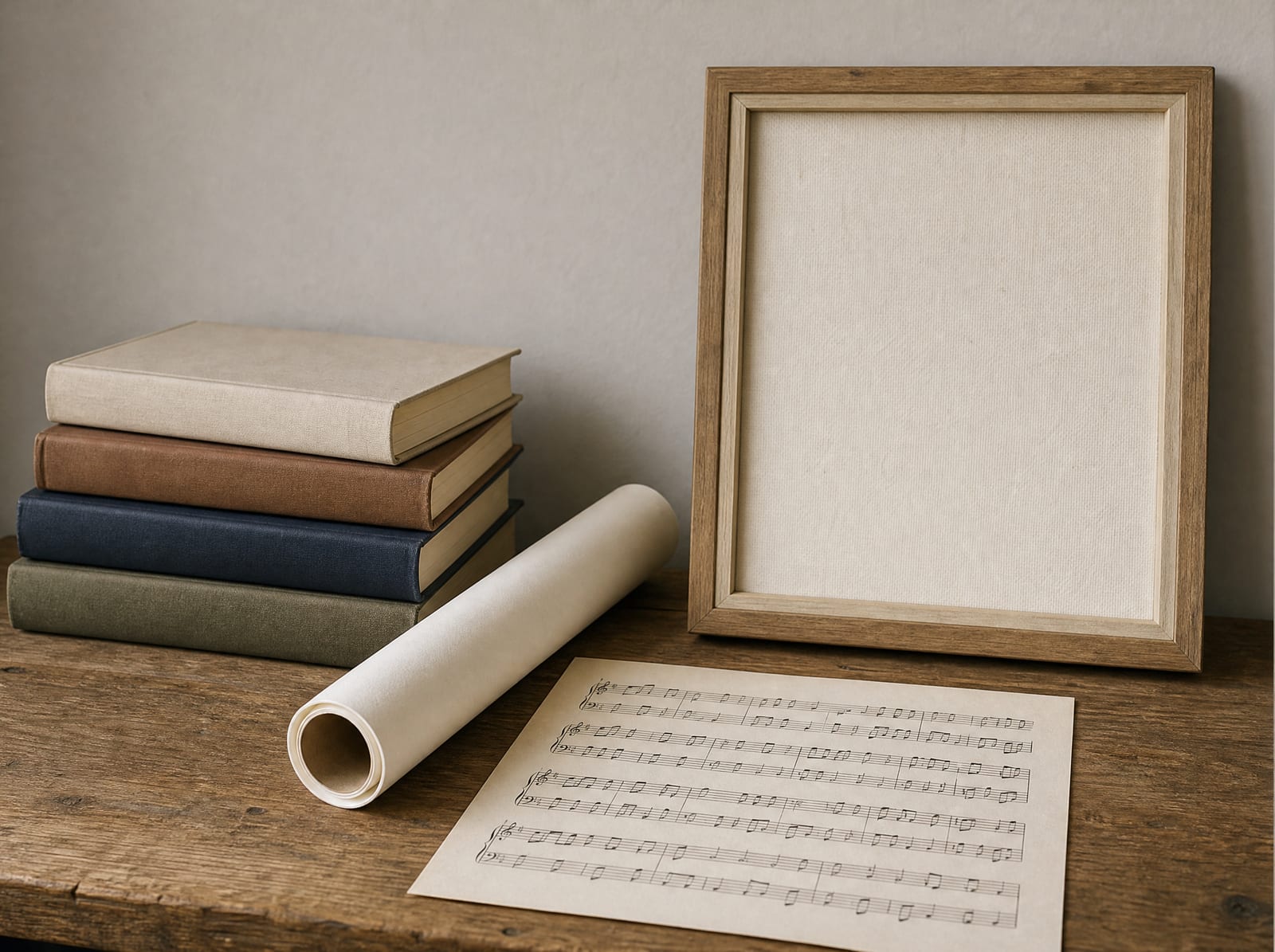A tabletop arrangement of creative works, a small stack of hardcover books, a rolled poster, a sheet of music, and a framed blank canvas, the kinds of works copyrights and trademarks protect