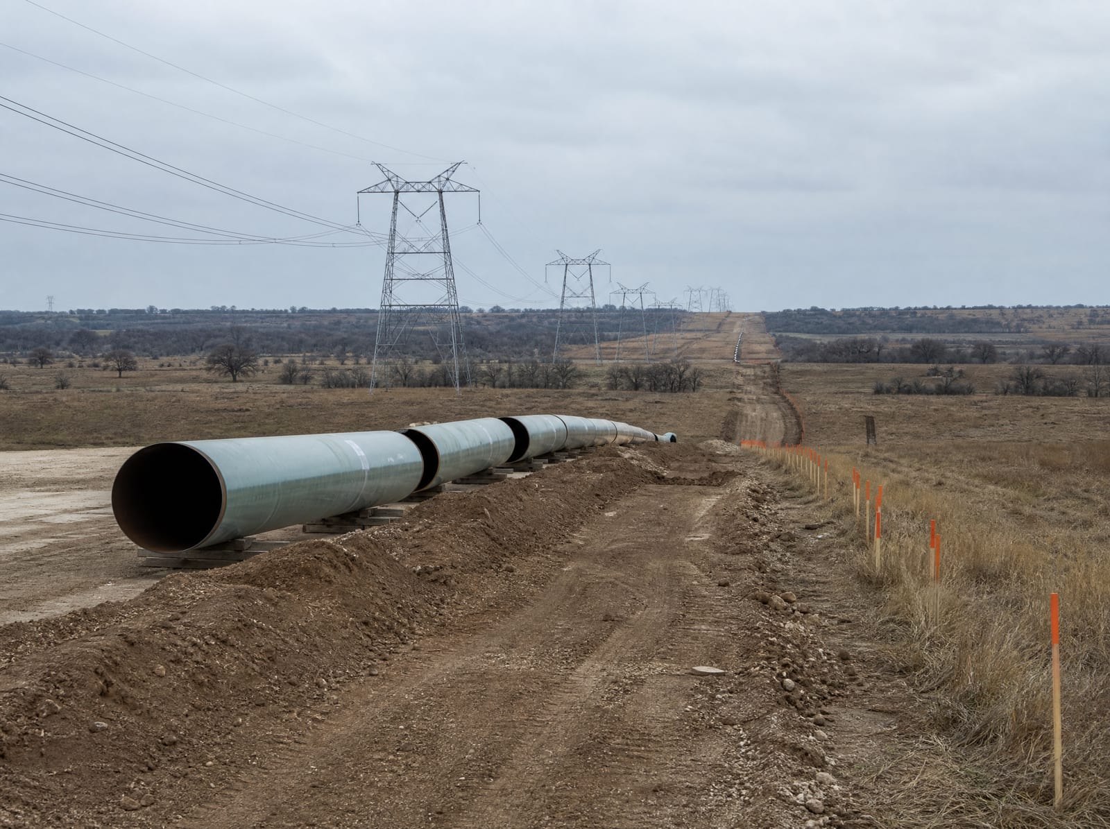 A pipeline right-of-way across Texas ranchland with large steel pipe sections staged along the trench and electric transmission towers marching to the horizon, survey stakes marking the easement