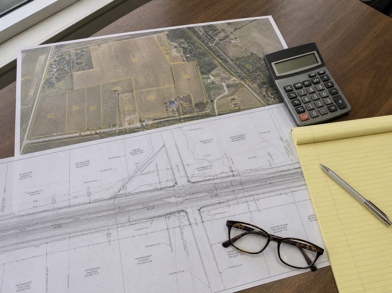 An aerial parcel map and a highway right-of-way plan on a law-office desk with a calculator and legal pad, for infrastructure property valuation