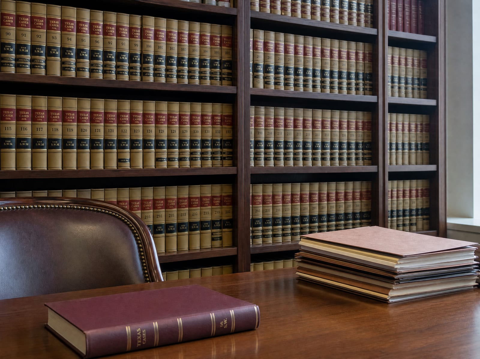 A law-firm library wall of bound law reporters beside a reading table with a neat stack of closed case files