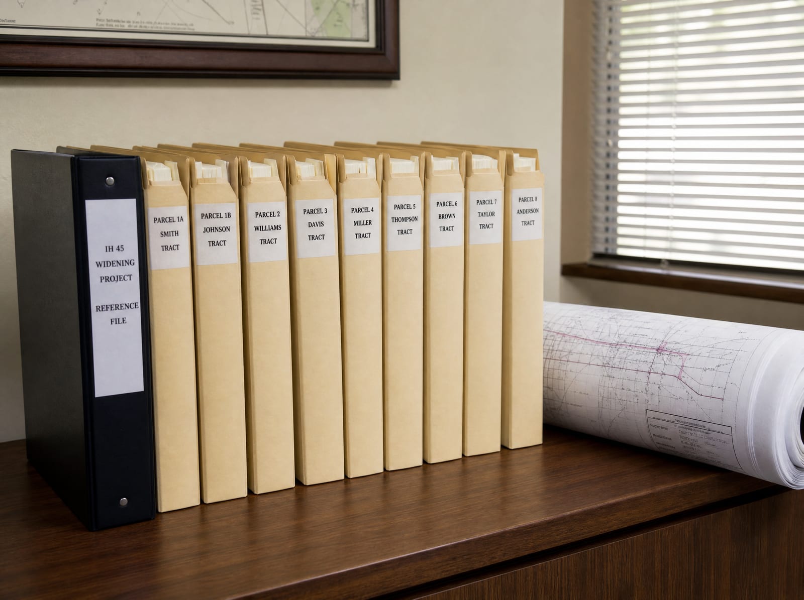 A neat row of labeled manila folders and a closed binder beside a rolled right-of-way map on a law-office desk, organized infrastructure case records
